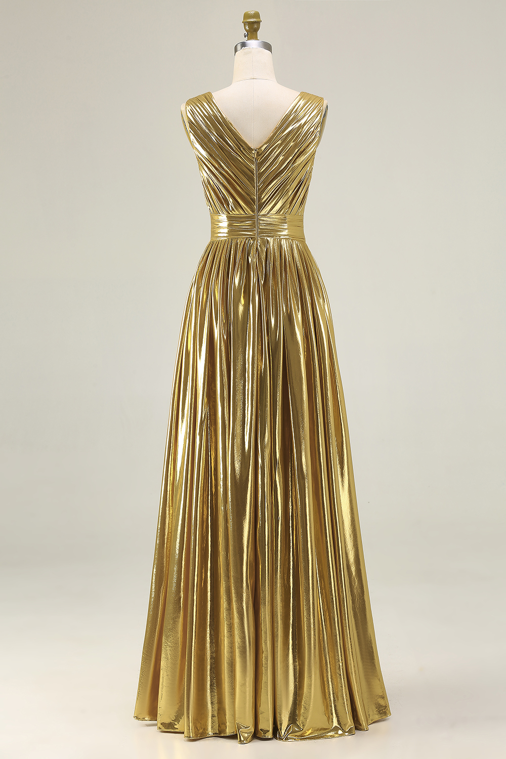 Gold Metallic V-Neck A-Line Ruched Long Formal Dress with Slit