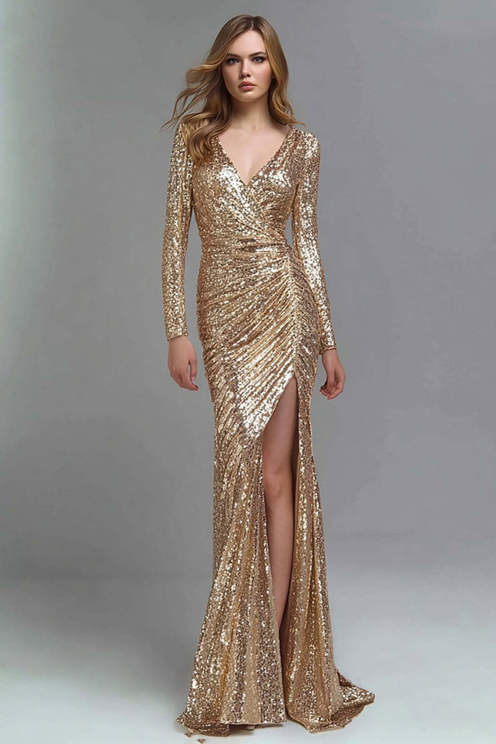 Leely Women Sparkly Gold Sequin Mermaid Long Formal Dress with Slit Ruched V-Neck Holiday Party Dress with Sleeves
