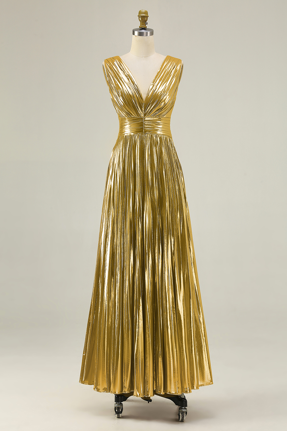 Gold Metallic Pleated V-Neck A-Line Maxi Formal Dress