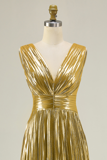 Metallic Gold V-Neck Pleated A-Line Maxi Formal Dress
