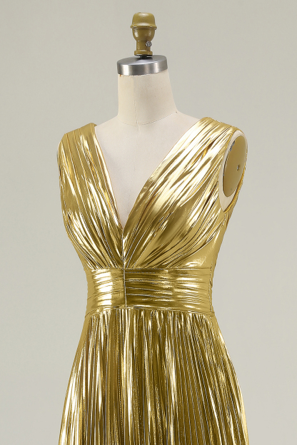 Metallic Gold V-Neck Pleated A-Line Maxi Formal Dress