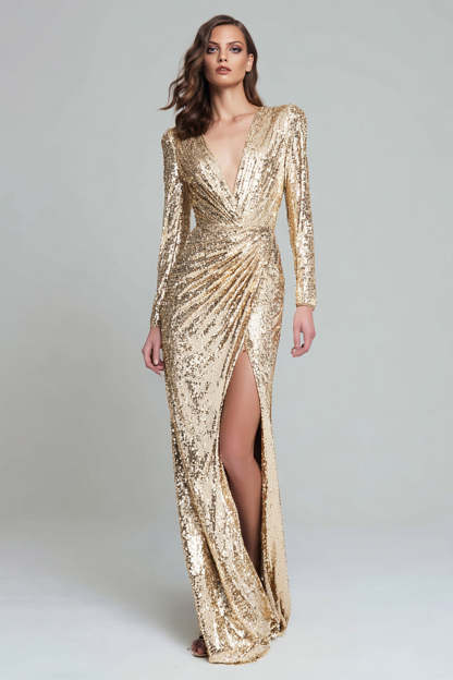 Leely Women Sparkly Light Gold Sequin Mermaid Maxi Formal Dress Ruched V-Neck Holiday Party Dress with Sleeves