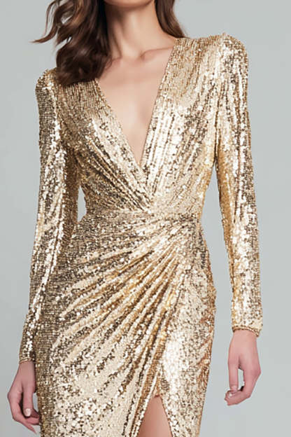 Sparkly Light Gold Sequin V-Neck Maxi Formal Dress with Slit