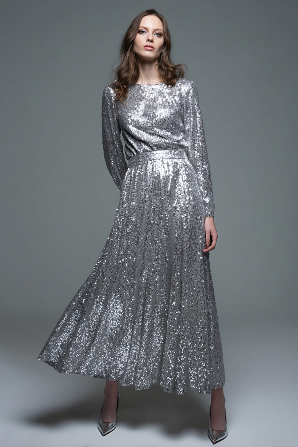 Sparkly Silver Sequin A-Line Maxi Formal Dress with Sleeves