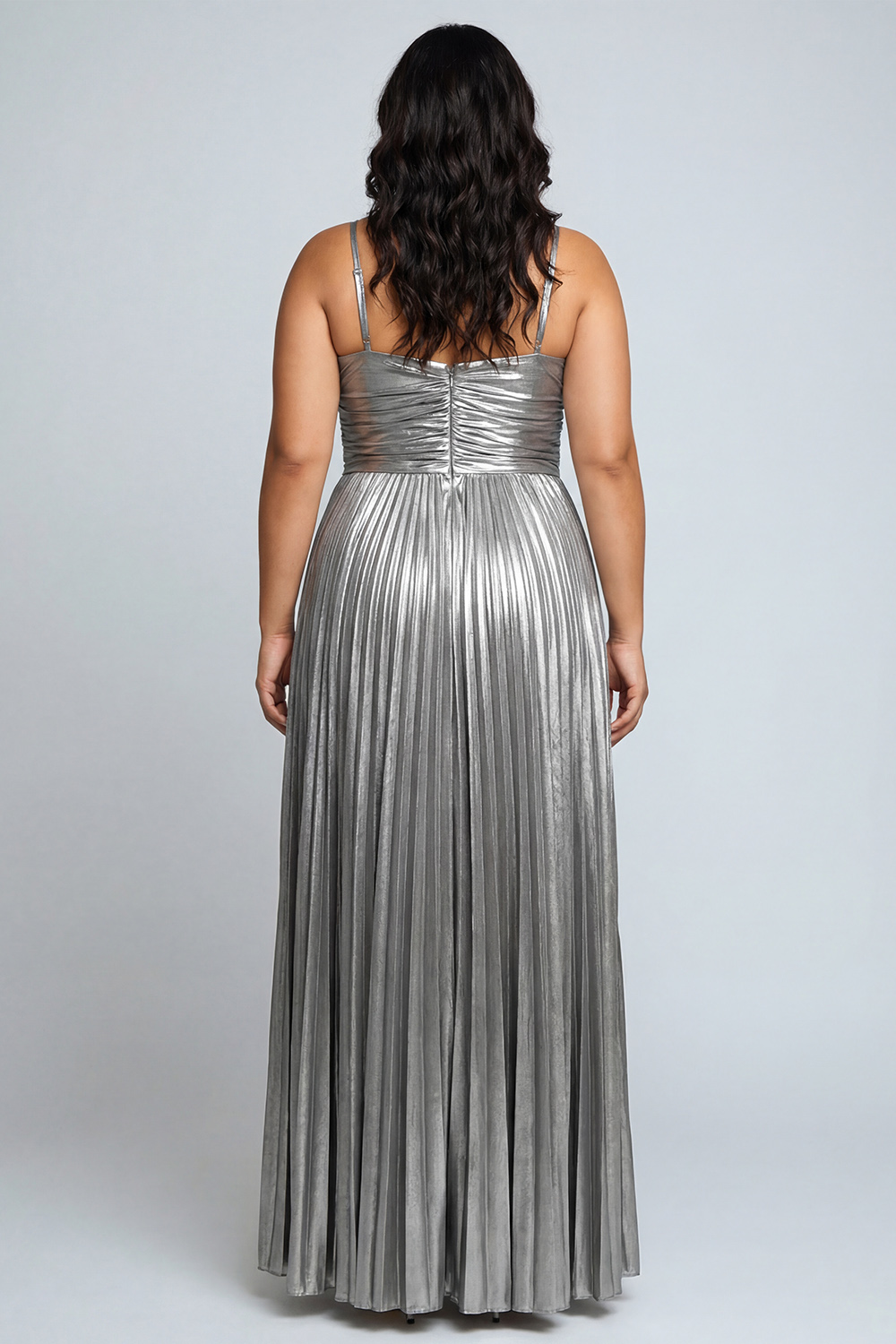 Silver Pleated Metallic Spaghetti Straps Long Formal Dress with Slit