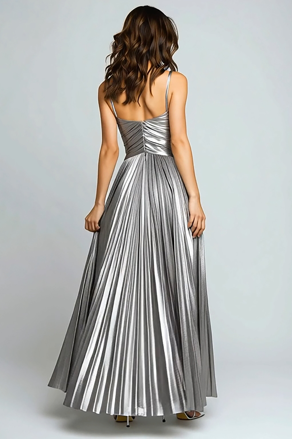 Silver Pleated Metallic Spaghetti Straps Long Formal Dress with Slit