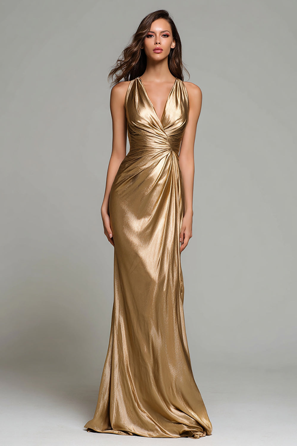 Leely Women Gold Mermaid Metallic Maxi Formal Dress Ruched V-Neck Gala Dress
