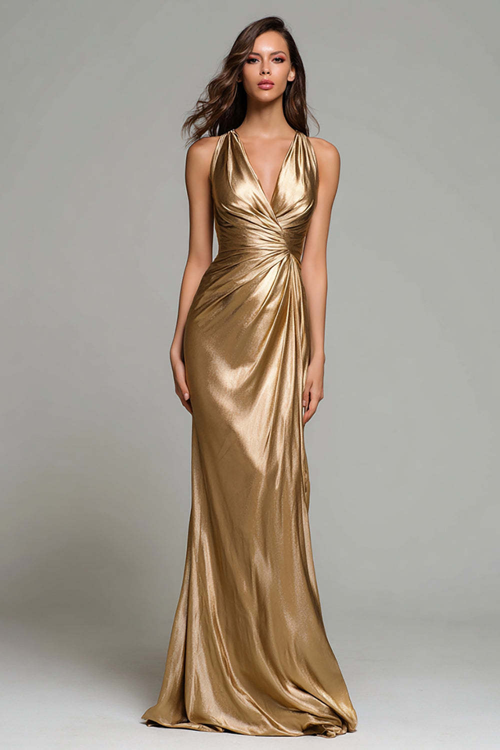 Leely Women Gold Mermaid Metallic Maxi Formal Dress Ruched V-Neck Gala Dress