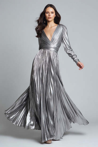 Leely Women Silver Metallic Long Formal Dress Pleated A-Line V-Neck Gala Dress with Sleeves