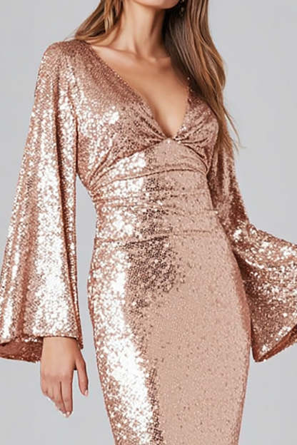 Sparkly Rose Gold Sequin Mermaid V-Neck Long Formal Dress