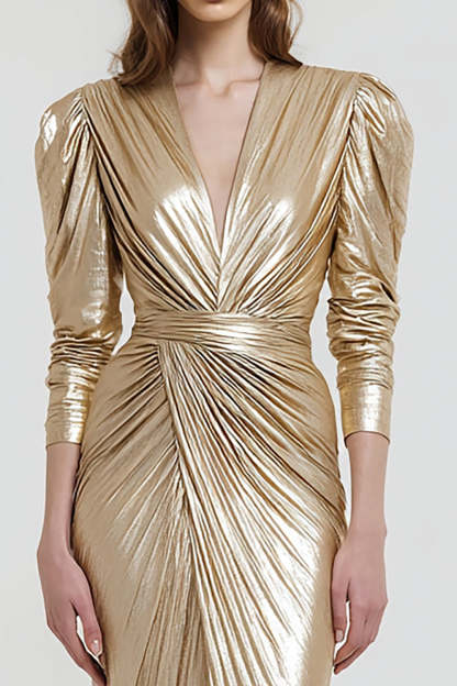 Light Gold Sheath Metallic V-Neck Maxi Formal Dress with Sleeves