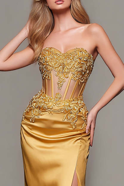 Gold Satin Corset Sheath Sweetheart Long Formal Dress with Appliques