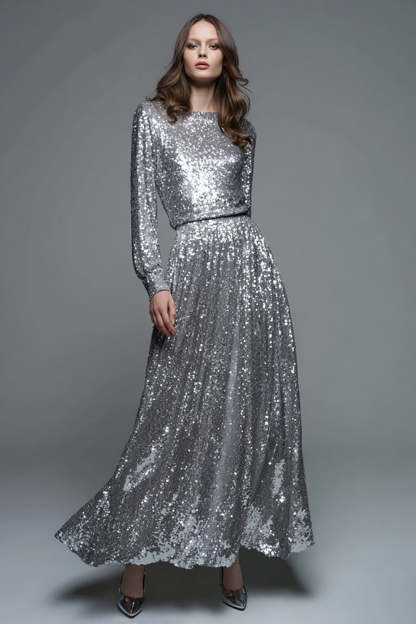 Leely Women Sparkly Silver Sequin Long Formal Dress with Sleeves Round Neck A-Line Holiday Party Dress