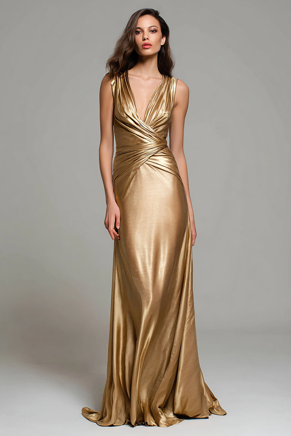 Gold Metallic Ruched V-Neck Long Formal Dress