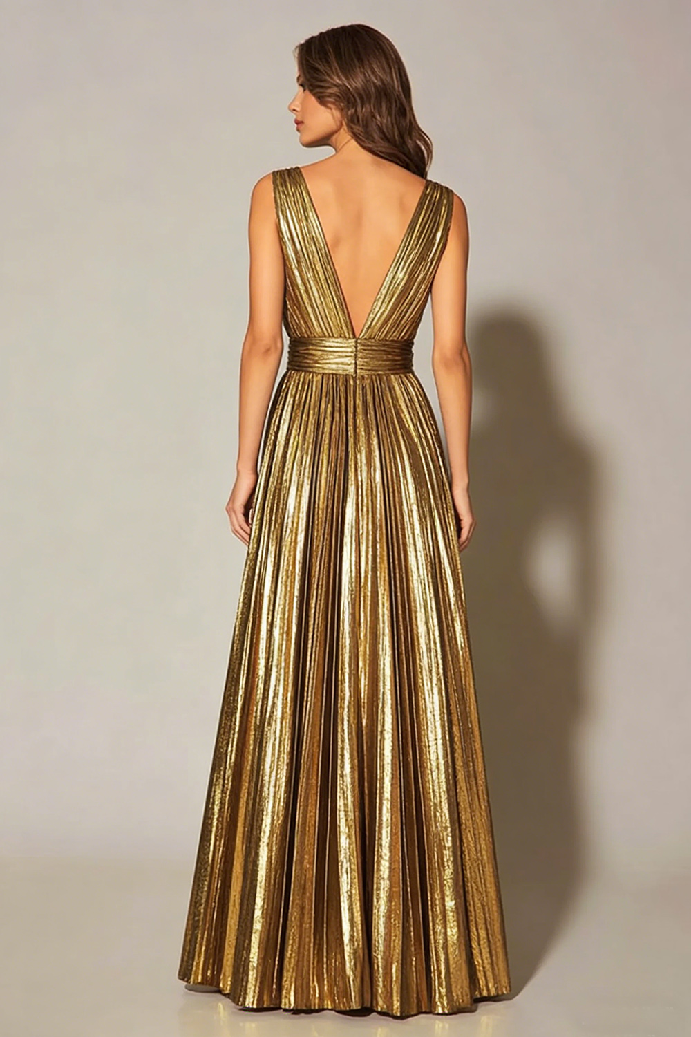 Gold Metallic Pleated V-Neck A-Line Long Formal Dress
