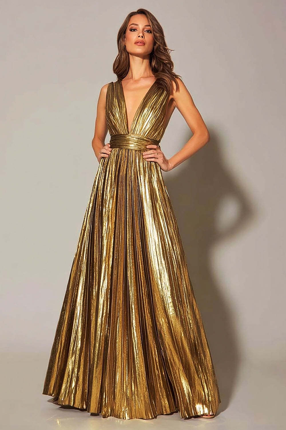 Leely Women Gold Metallic Long Formal Dress Pleated A-Line V-Neck Holiday Party Dress