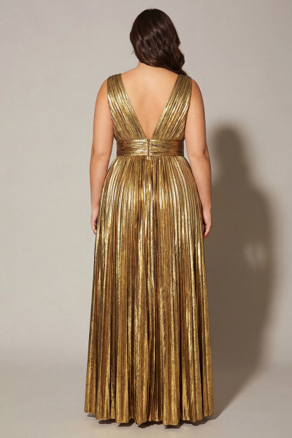 Gold Metallic Pleated V-Neck A-Line Long Formal Dress