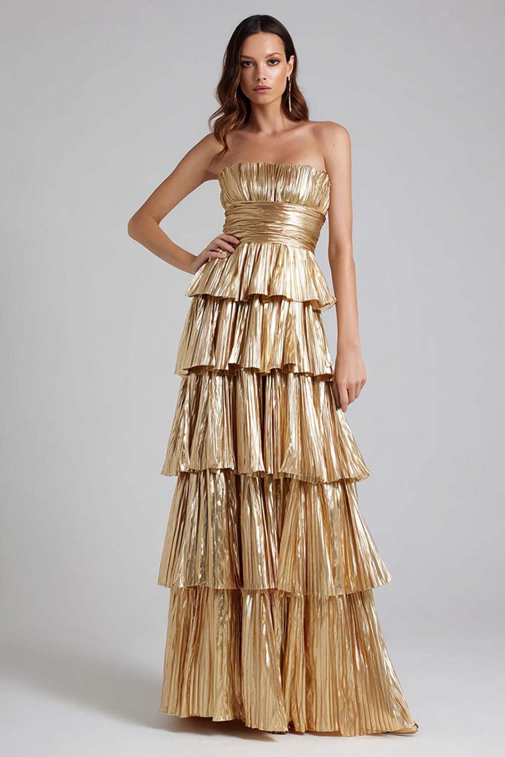 Gold Metallic Tiered A-Line Maxi Formal Dress with Ruffles