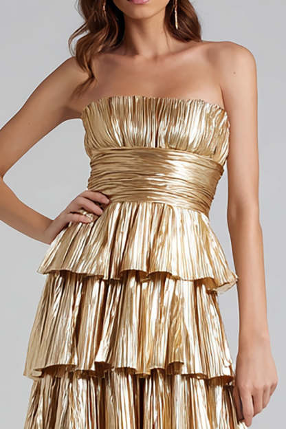 Gold Metallic Tiered A-Line Maxi Formal Dress with Ruffles
