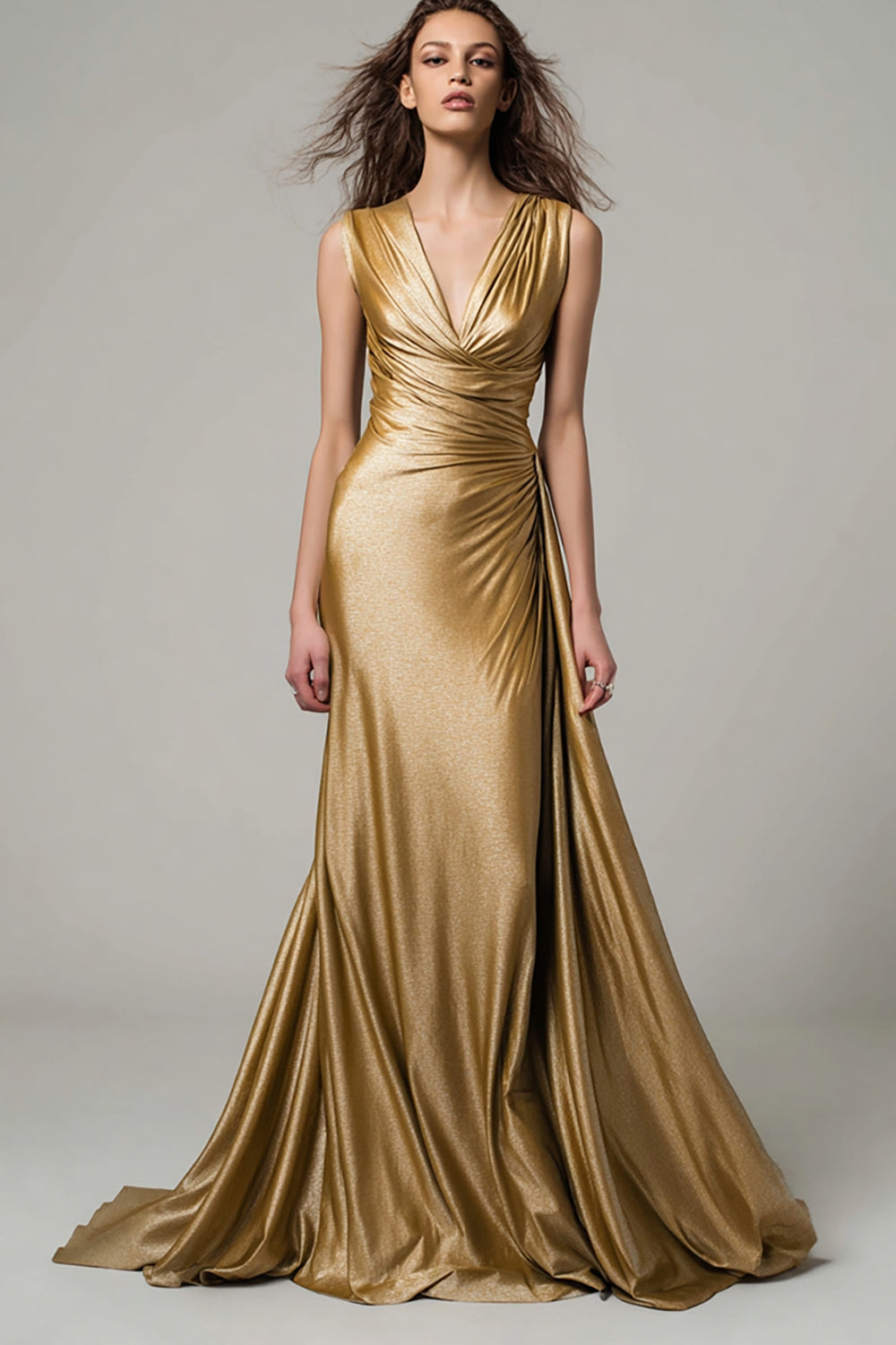 Gold Mermaid Metallic V-Neck Ruched Long Formal Dress