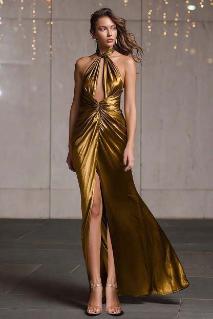 Leely Women Gold Mermaid Metallic Long Formal Dress Halter Ruched Evening Dress with Slit