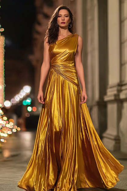 Leely Women Gold Metallic A-Line Long Formal Dress Ruched One Shoulder Evening Dress