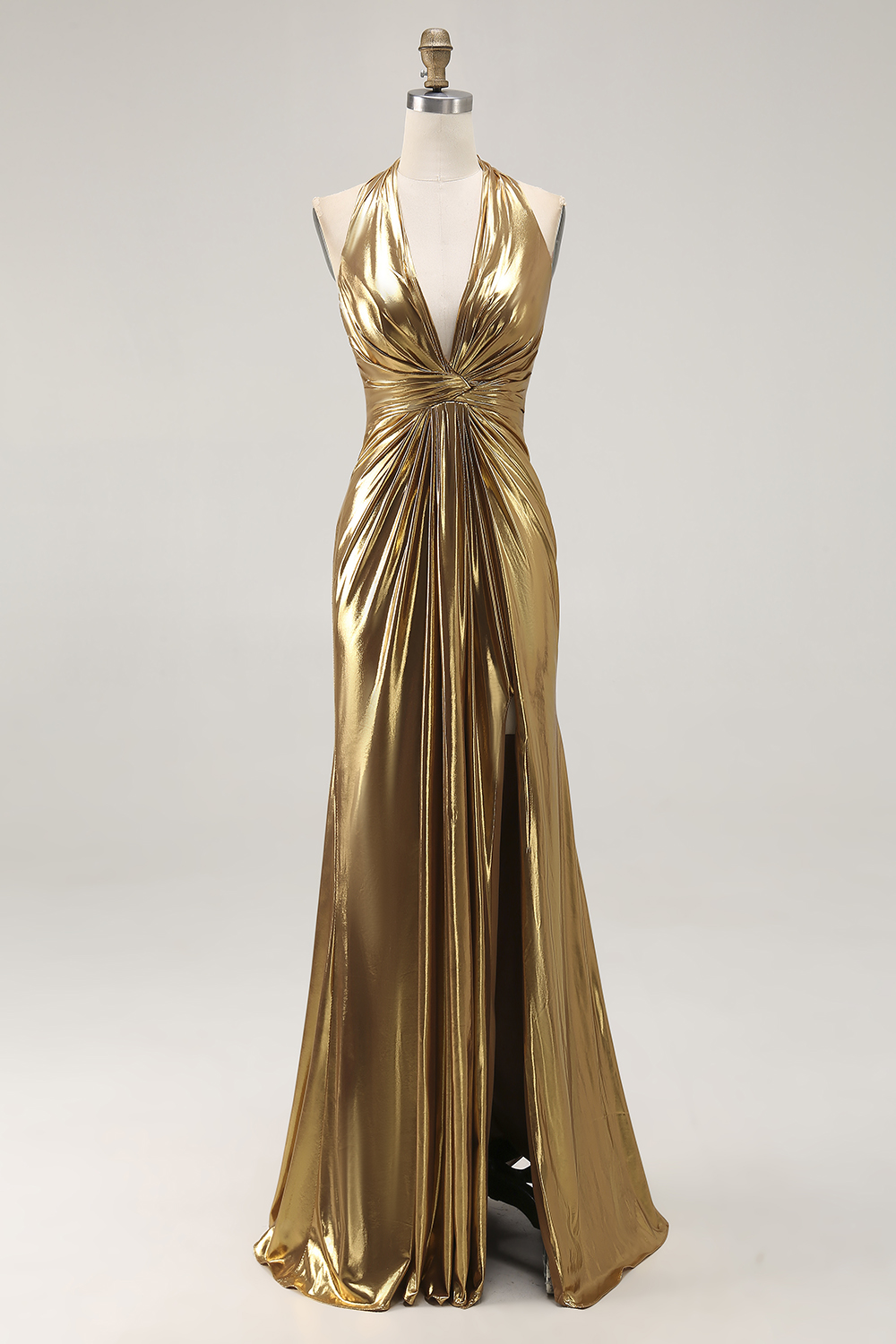 Gold Halter Metallic Ruched Maxi Formal Dress with Slit