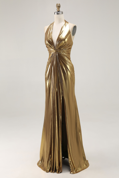 Gold Halter Metallic Ruched Backless Maxi Formal Dress with Slit