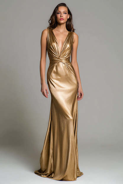 Gold Mermaid Deep V-Neck Metallic Long Formal Dress