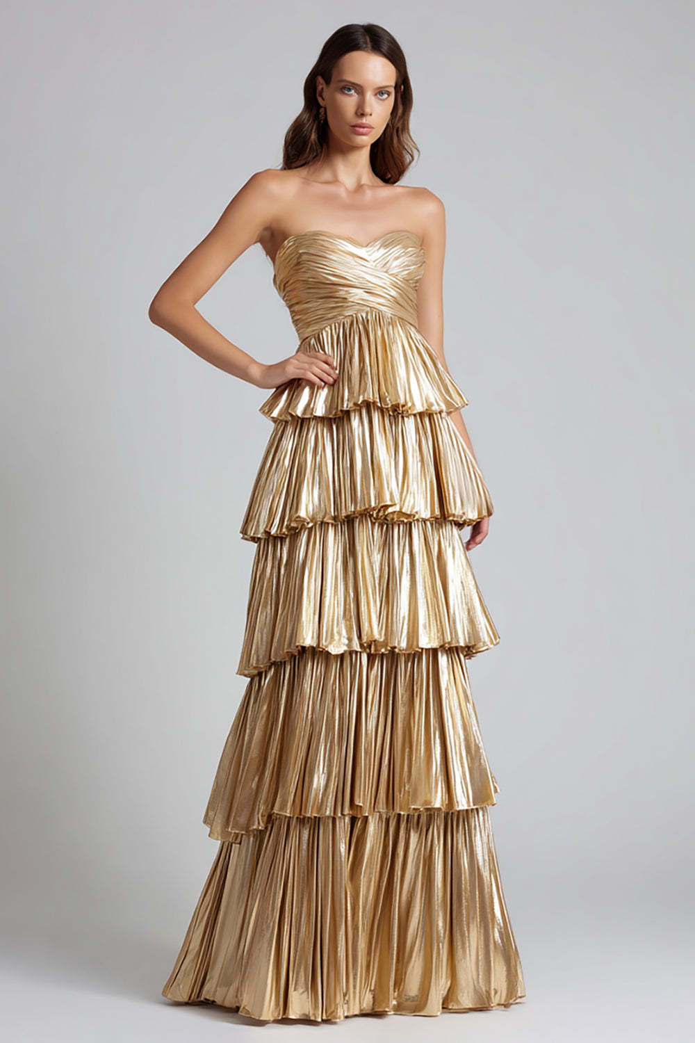 Leely Women Gold Metallic Sweetheart Maxi Formal Dress Pleated A Line Tiered Evening Dress with Ruffles