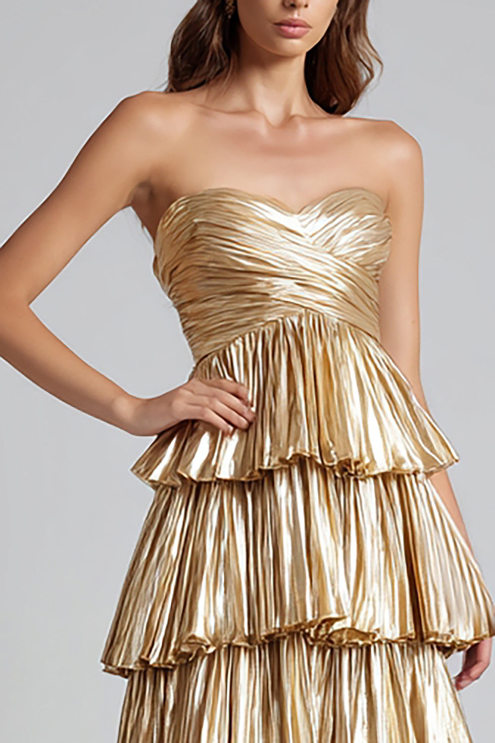 Gold Sweetheart Metallic Pleated Ruffled Maxi Formal Dress
