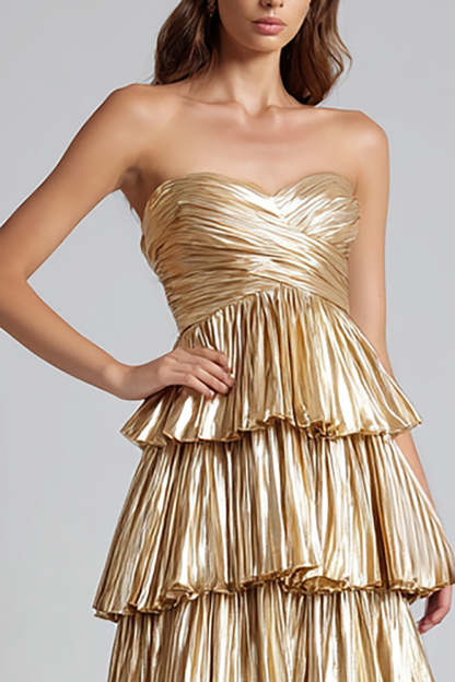Gold Sweetheart Metallic Pleated Ruffled Maxi Formal Dress