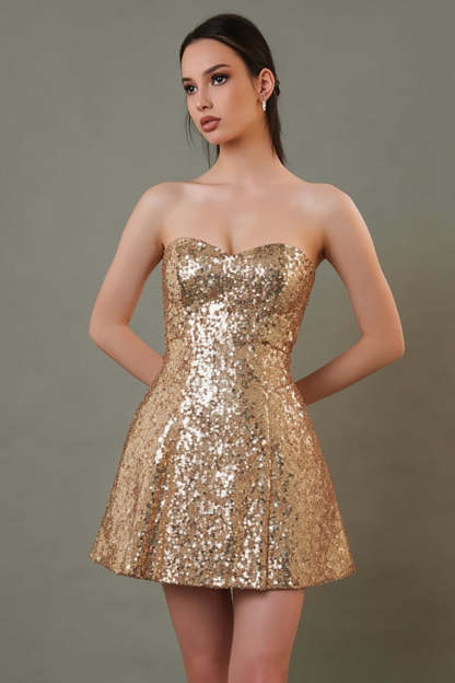 Leely Women Sparkly Sequin Gold Short Cocktail Dress Sweetheart A-Line Homecoming Dress