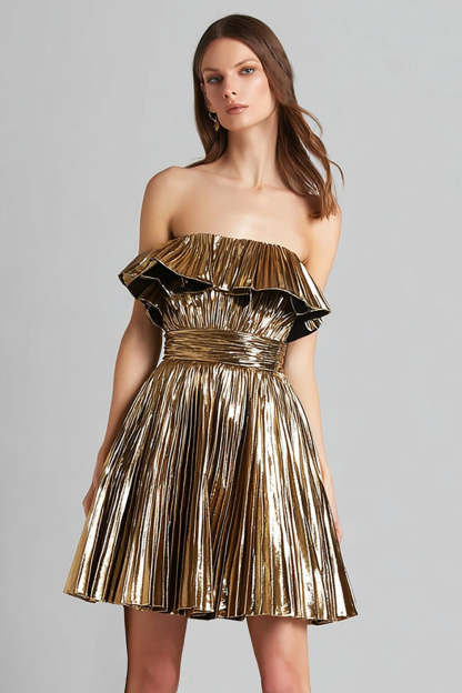 Leely Women Gold Metallic Pleated Short Cocktail Dress Strapless A Line Homecoming Dress