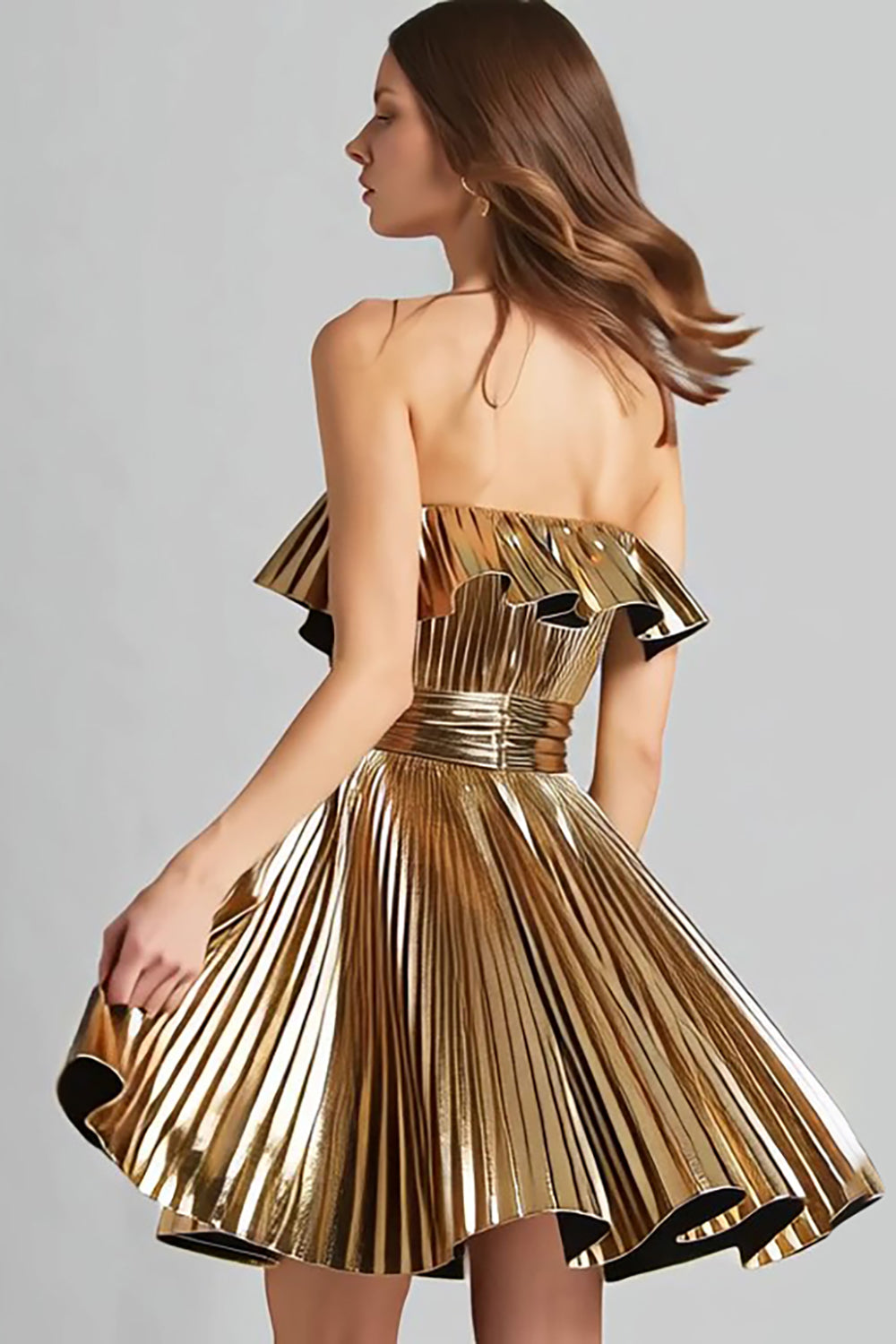 Gold Metallic Pleated Strapless A Line Short Cocktail Dress