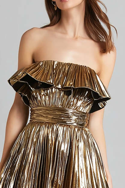 Gold Metallic Pleated Strapless A Line Short Cocktail Dress