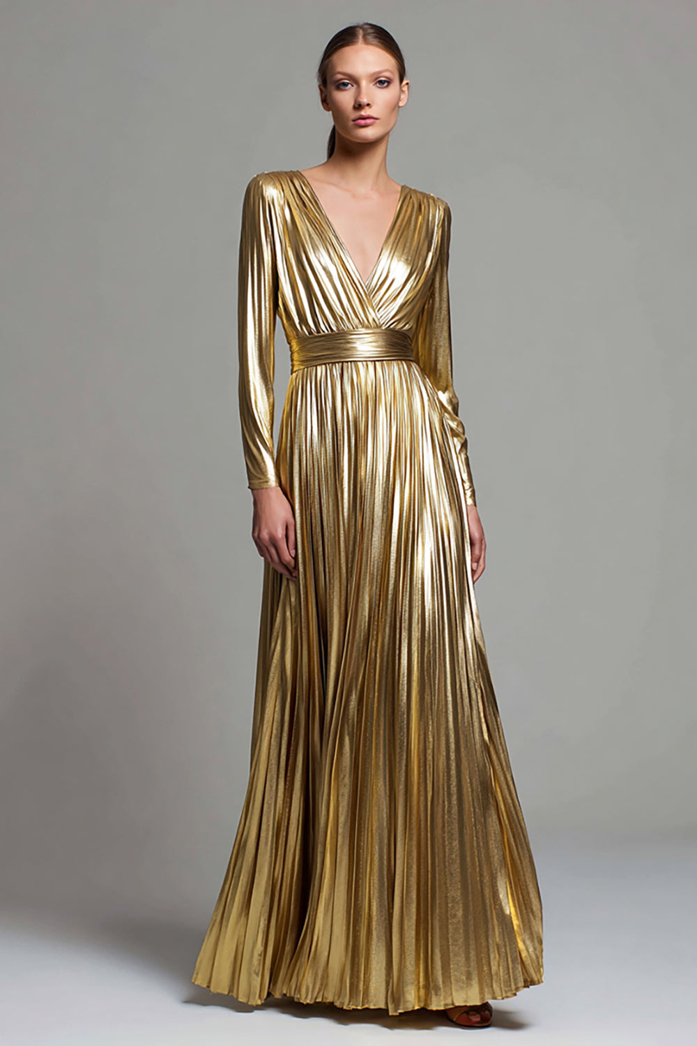 Leely Women Gold Metallic Pleated Long Formal Dress V-Neck A Line Long Sleeves Holiday Party Dress