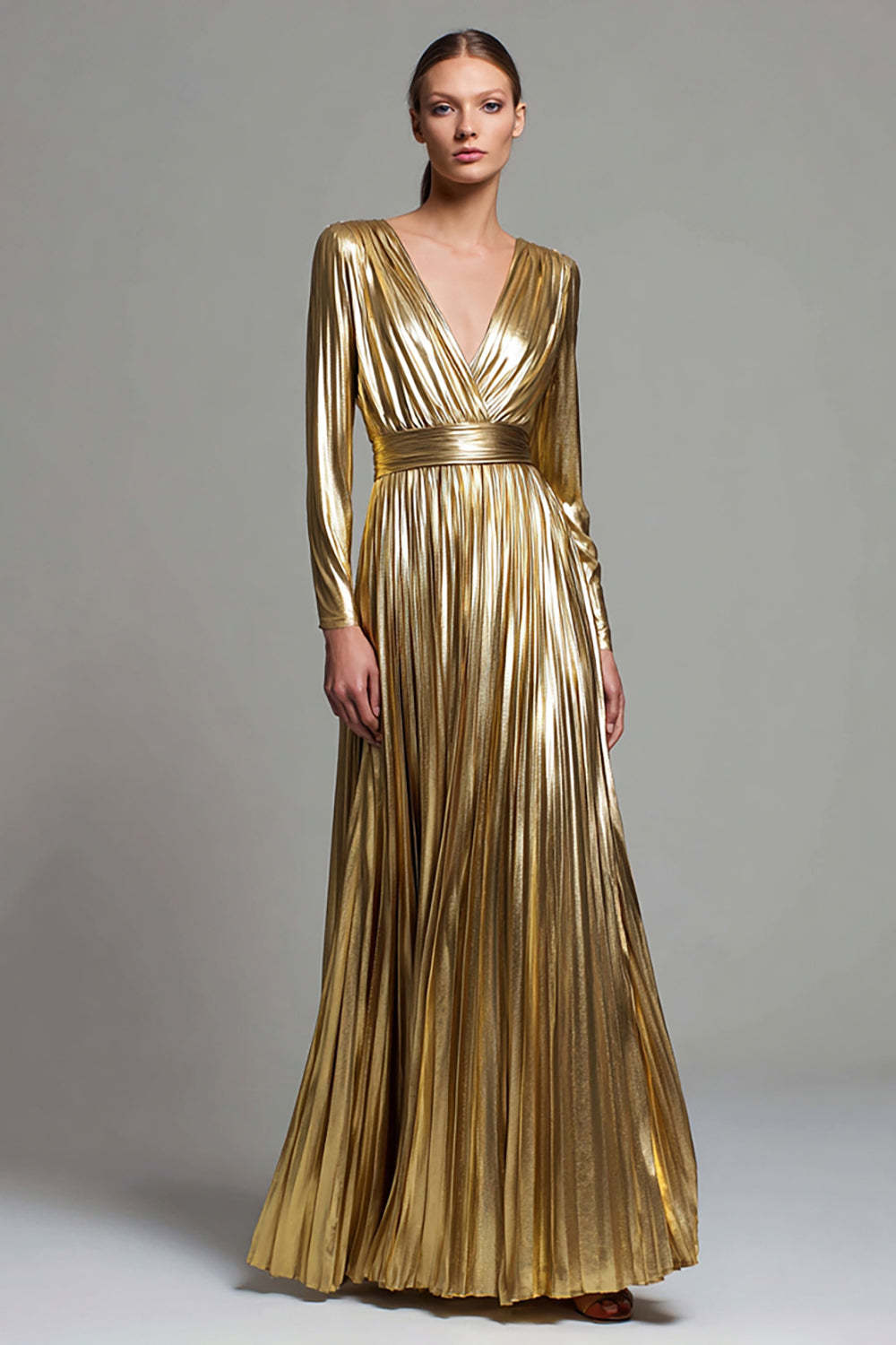 Leely Women Gold Metallic Pleated Long Formal Dress V-Neck A Line Long Sleeves Holiday Party Dress