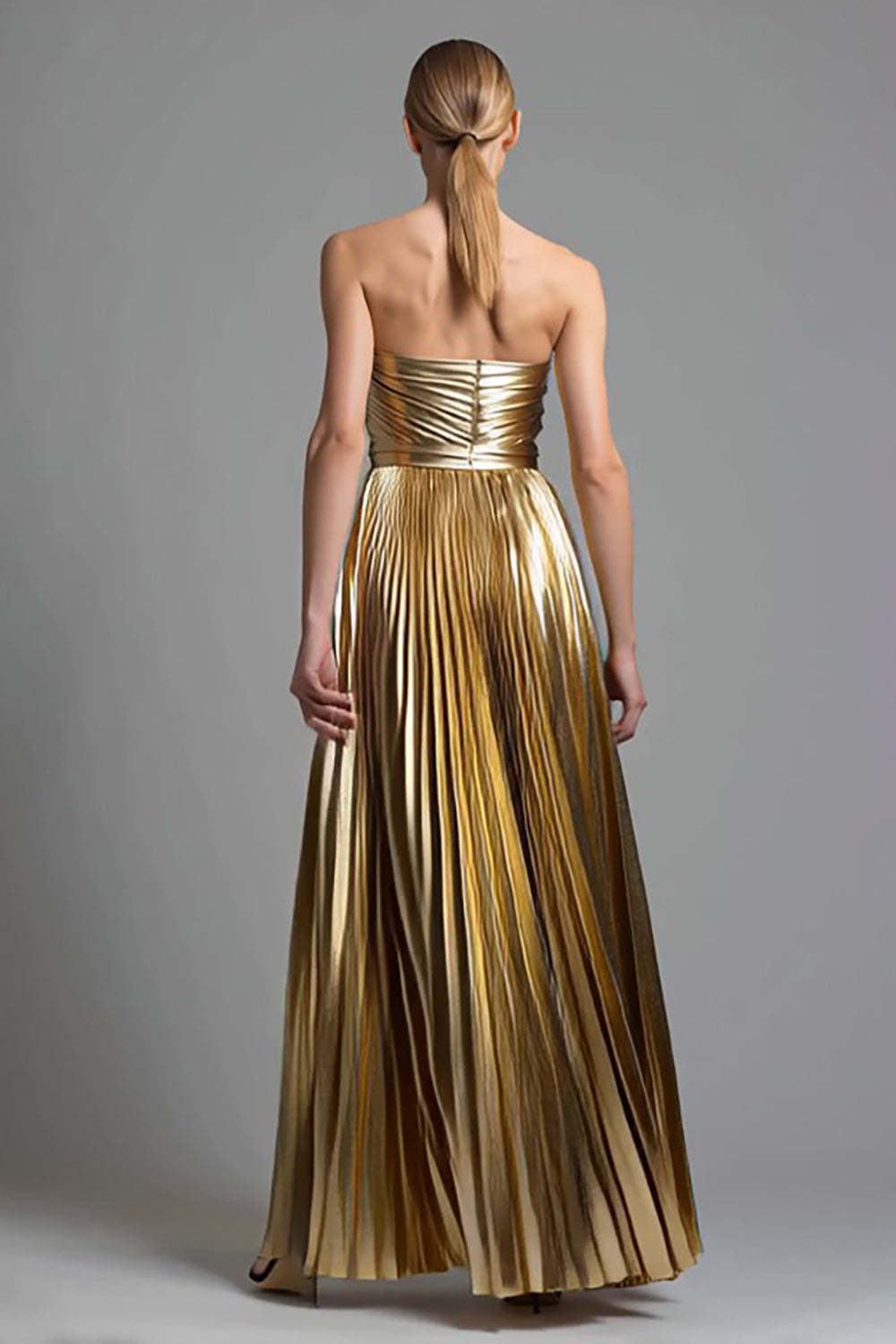 Gold Sweetheart Metallic Pleated A Line Maxi Formal Dress