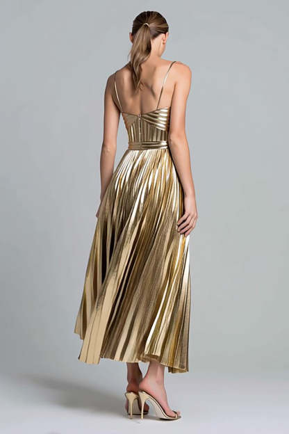 Gold Metallic Pleated A Line Spaghetti Straps Long Formal Dress