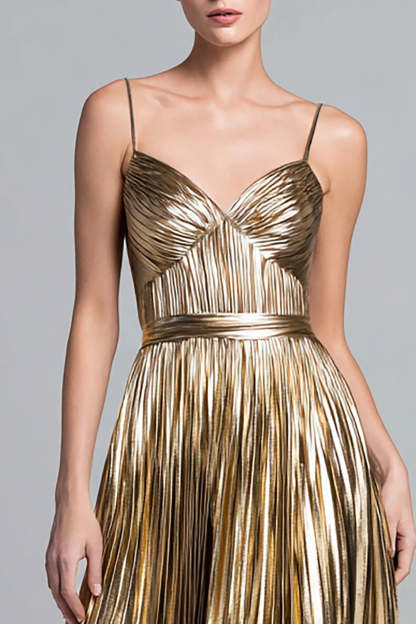 Gold Metallic Pleated A Line Spaghetti Straps Long Formal Dress