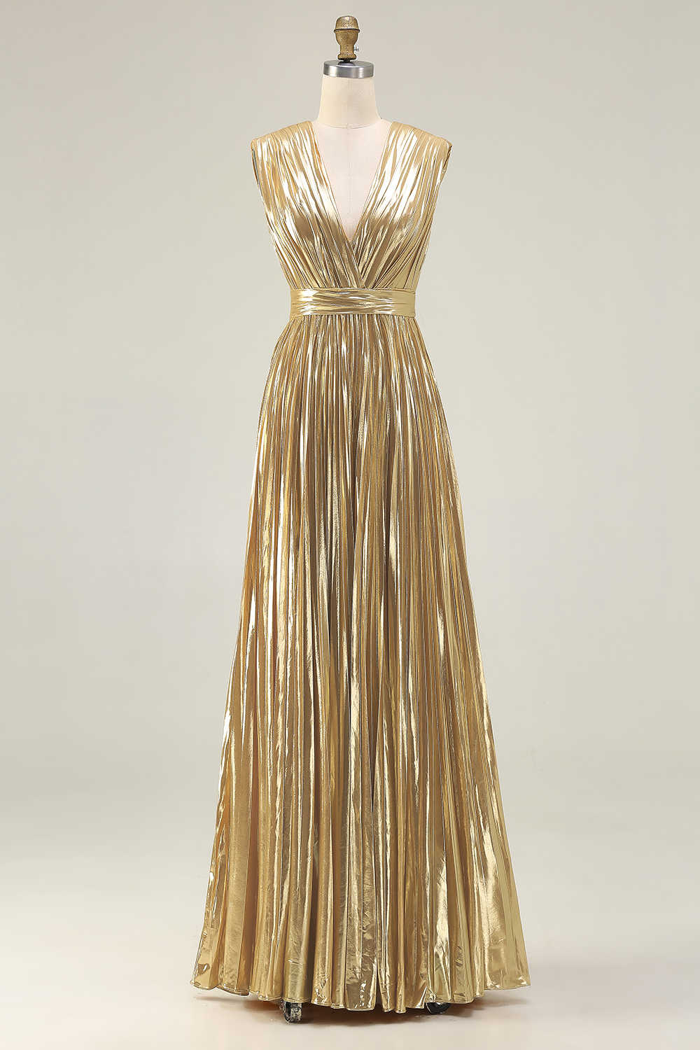Gold Deep V-Neck A Line Metallic Pleated Long Formal Dress