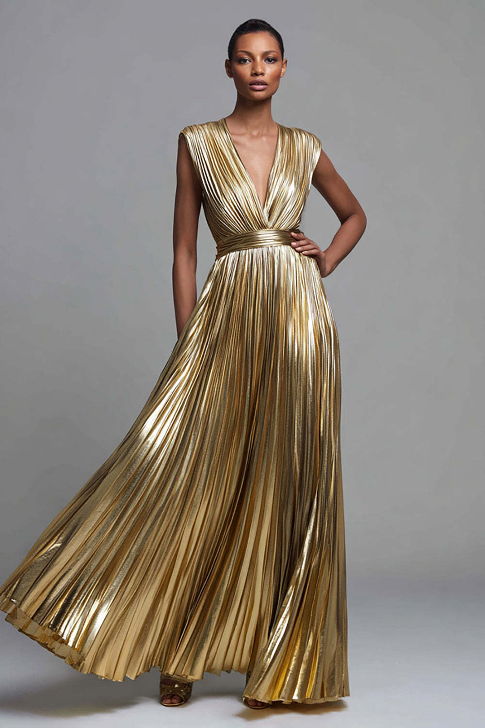 Gold Deep V-Neck A Line Metallic Pleated Long Formal Dress