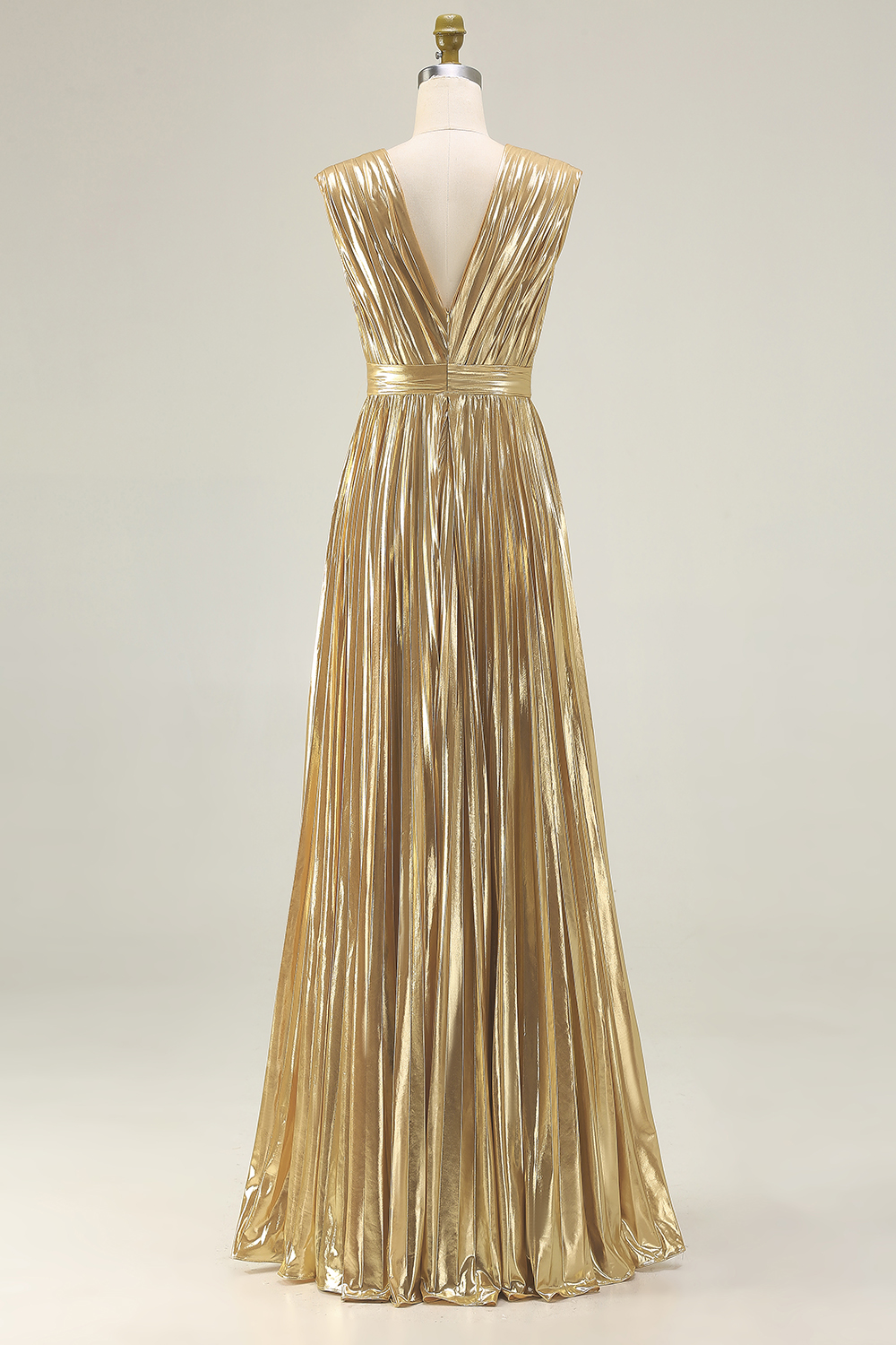 Gold Deep V-Neck A Line Metallic Pleated Long Formal Dress