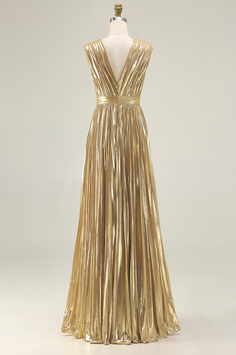 Gold Deep V-Neck A Line Metallic Pleated Long Formal Dress