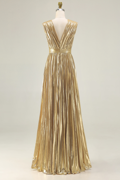Gold Deep V-Neck A Line Metallic Pleated Long Formal Dress