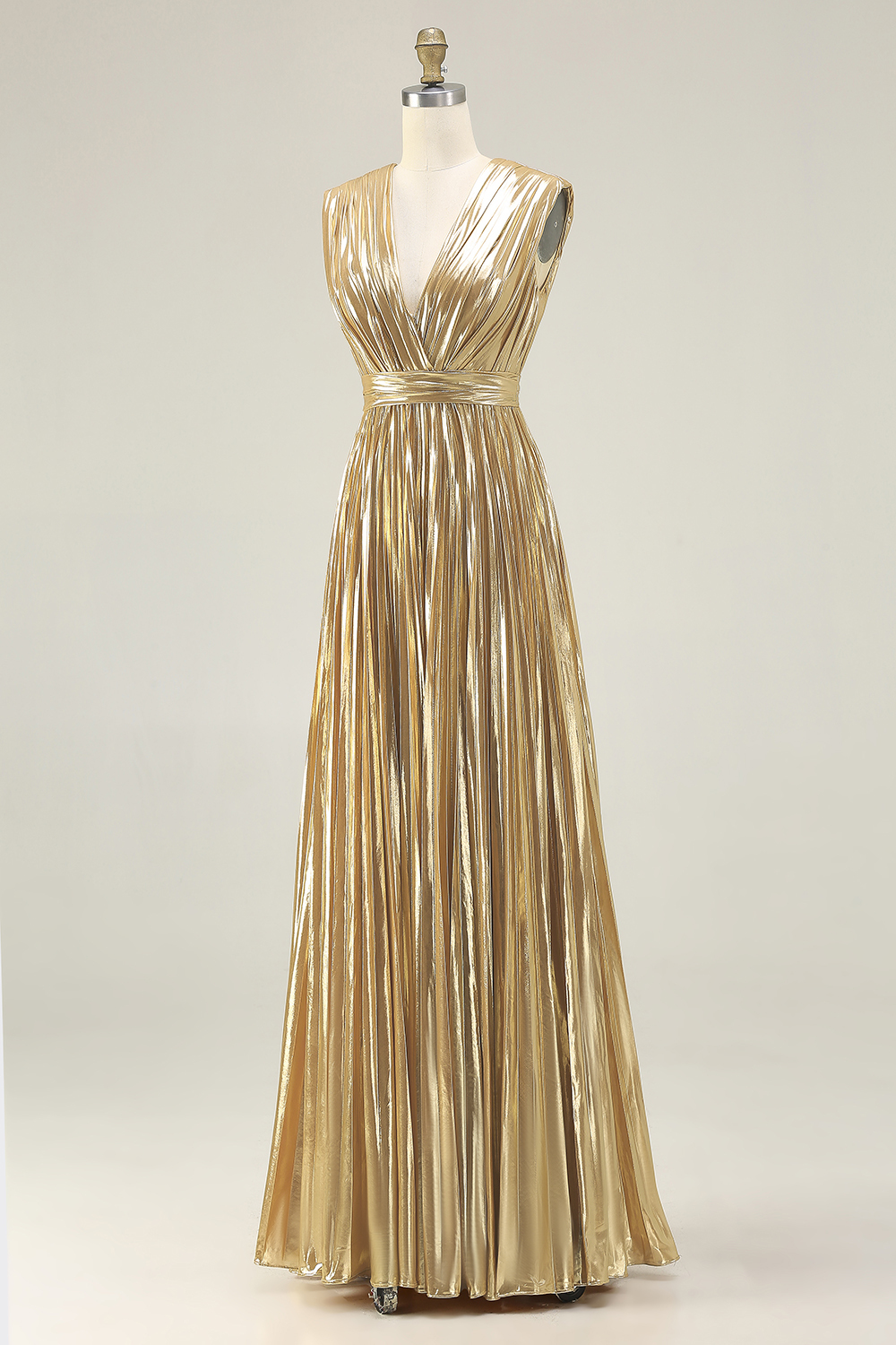 Gold V-Neck A Line Metallic High Waist Pleated Long Formal Dress