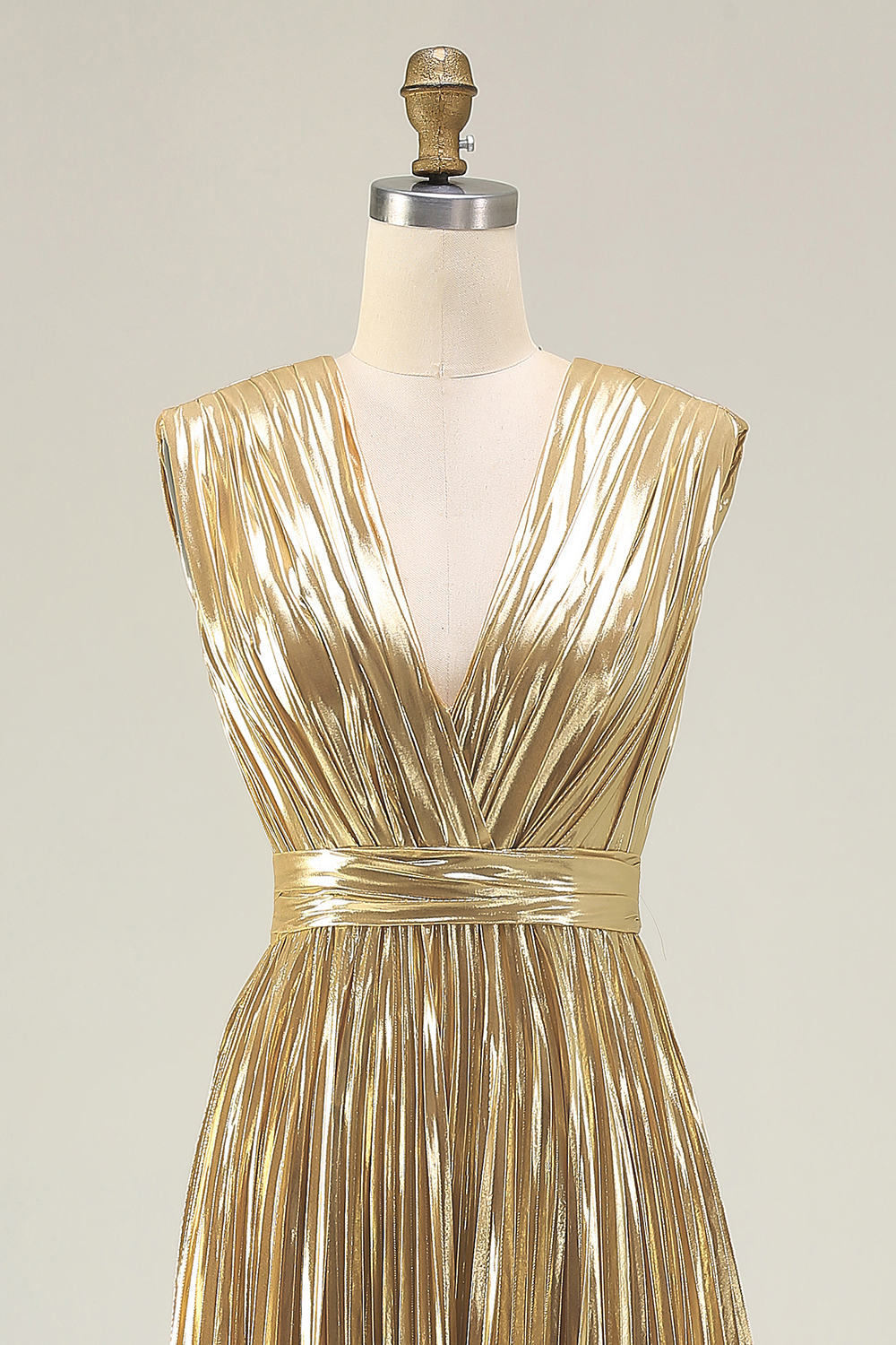 Gold V-Neck A Line Metallic High Waist Pleated Long Formal Dress