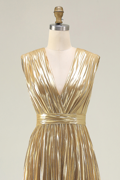 Gold V-Neck A Line Metallic High Waist Pleated Long Formal Dress