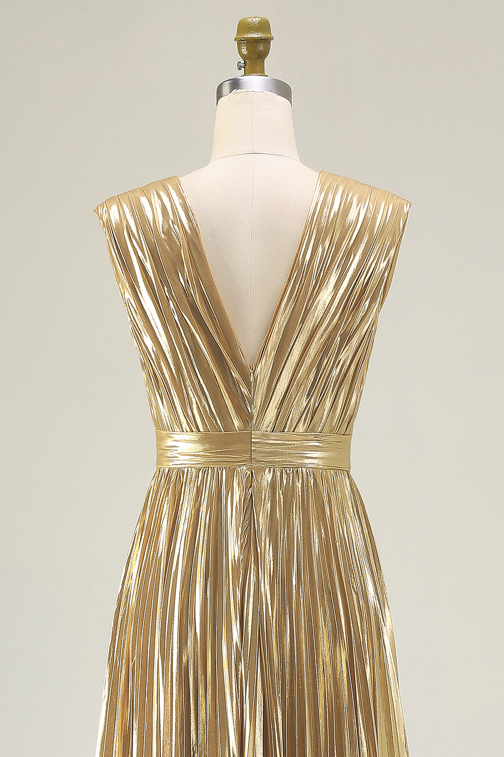 Gold V-Neck A Line Metallic High Waist Pleated Long Formal Dress